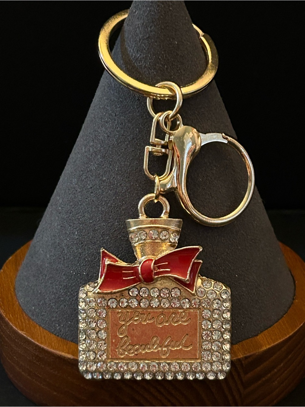 Gold-Tone Perfume Bottle Bag Charm Keychain w/ Colored Enamel Bow and Crystals